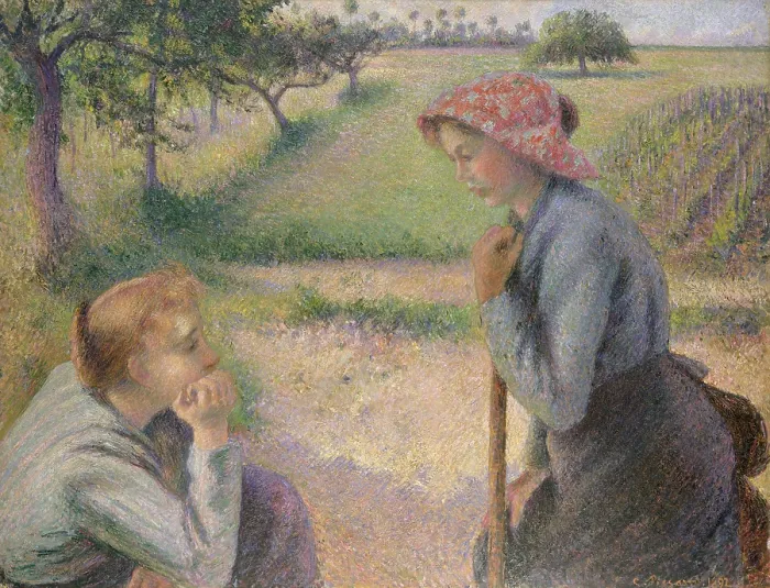 Framed Print : Two Young Peasant Women, by Camille Pissarro, 1891-92, French impressionist painting, oil on canvas