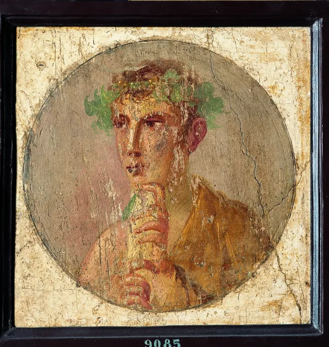 Framed Print : Young with Reel, by unknown artist, 55-79, 1st Century A.D. ripped fresco, 40 x 40 cm - Italy, Campania, Naples, National Archaeological Museum, Room LXXVIII, inv. 9085