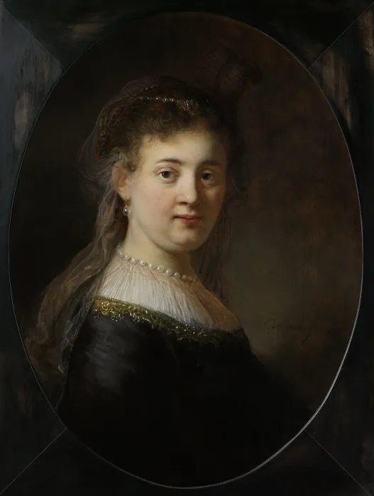 Framed Print : Young Woman in Fantasy Costume, by Rembrandt van Rijn, 1633, Dutch painting, oil on panel. The model for the painting is probably Rembrandt's wife Saskia van Cuylenburgh Framed Print : Young Woman in Fantasy Costume, by Rembrandt van Rijn, 1633, Dutch painting, oil on panel. The model for the painting is probably Rembrandt's wife Saskia van Cuylenburgh
