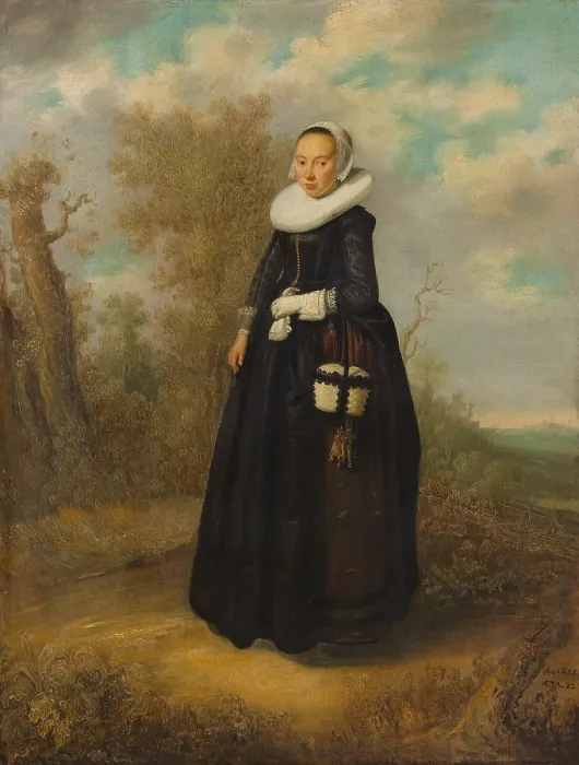 Framed Print : A YOUNG WOMAN IN A LANDSCAPE, 1636, Dutch painting, oil on wood. This is an unusual portrait of a woman in a landscape instead of the typical neutral flat background