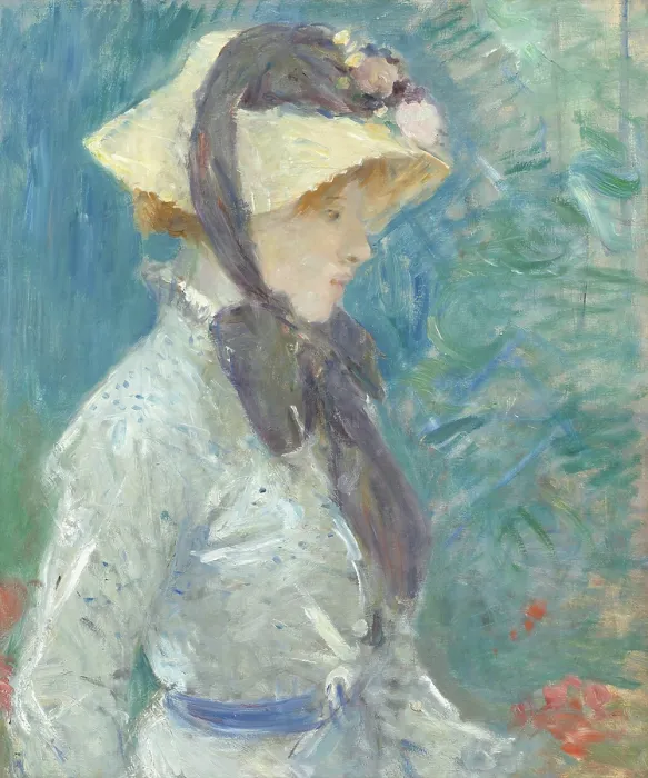 Framed Print : Young Woman with a Straw Hat, by Berthe Morisot, 1884, French impressionist painting, oil on canvas