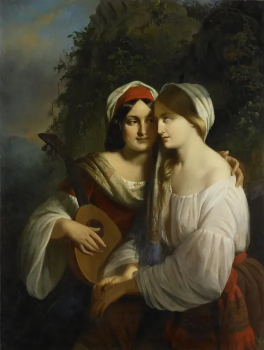Framed Print : Two Young Women in Italian Costume, by Moritz Calisch, 1851, Dutch painting, oil on canvas Framed Print : Two Young Women in Italian Costume, by Moritz Calisch, 1851, Dutch painting, oil on canvas