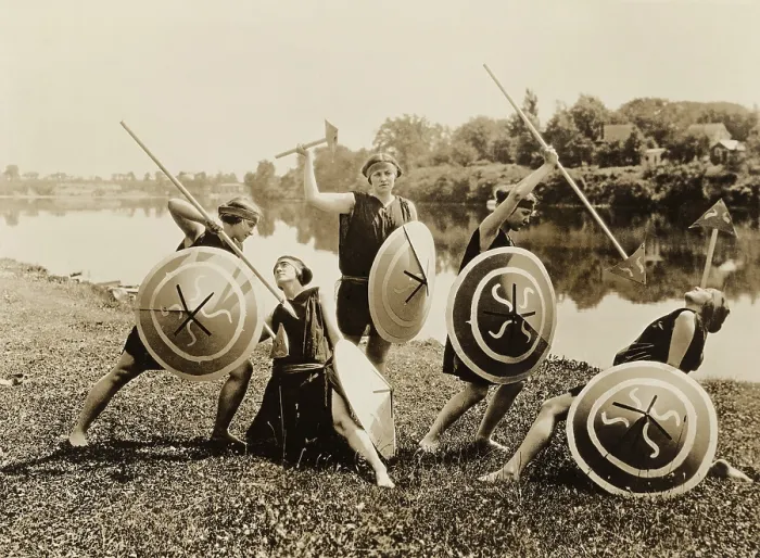 Framed Print : Young women in a tableau as ancient warriors perform at Seneca Falls, N.Y. seventy-fifth anniversary Equal Rights celebration on July 20, 1923
