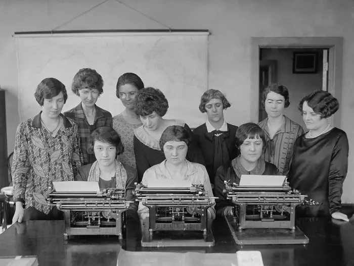 Framed Print : Young women workers at the Bureau of Aeronautics in a typewriting contest. April 15, 1926. (BSLOC_2015_16_223)