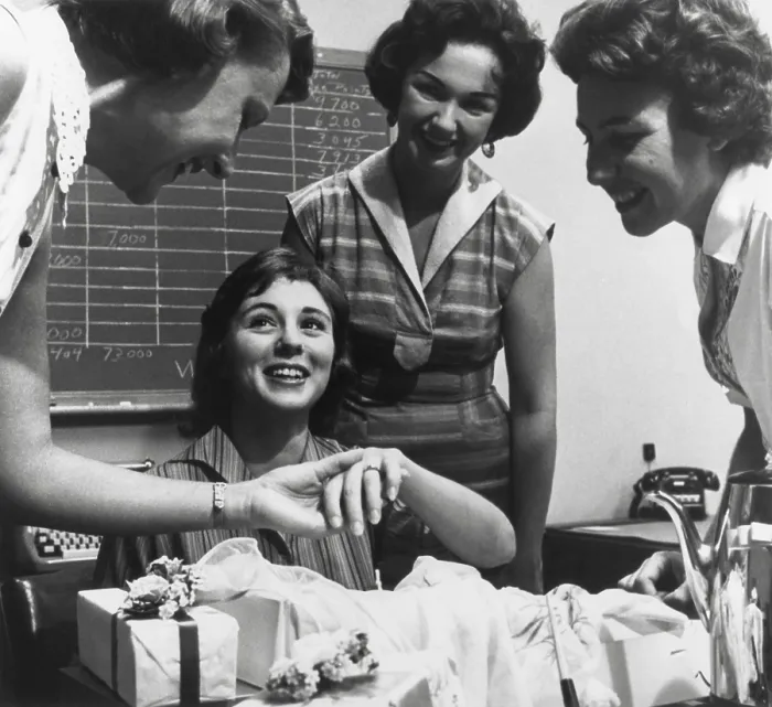 Framed Print : Young working women at an office party for an engaged co-worker. Ca. 1960. (BSLOC_2014_13_169) Framed Print : Young working women at an office party for an engaged co-worker. Ca. 1960. (BSLOC_2014_13_169)