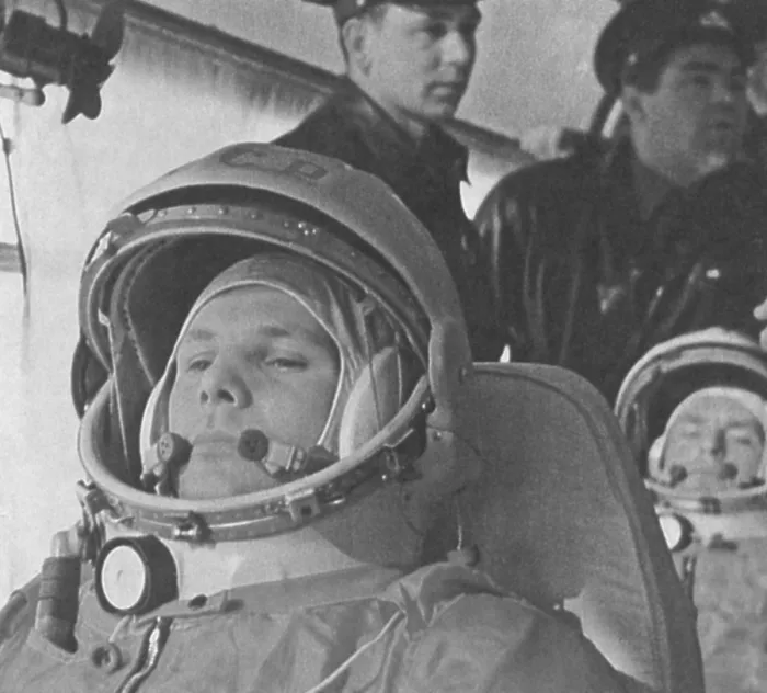 Framed Print : Yuri Gagarin before his historic 108-minute orbital flight of April 12, 1961. He was the first human in space. Behind him is backup Cosmonaut German Titov