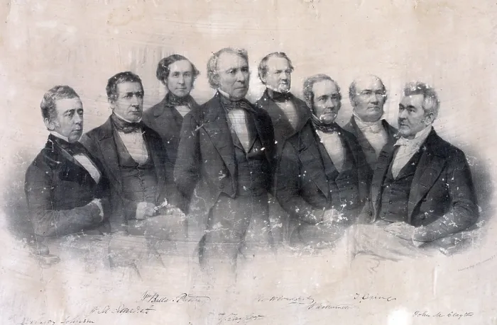 Framed Print : Zachary Taylor. President Taylor standing in front of his cabinet officers, (l to r), Reverdy Johnson, William M. Meredith, B. Preston, George W
