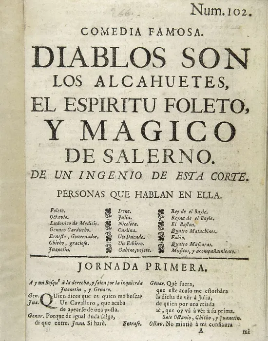Framed Print : ZAMORA, Antonio de (1660-1728). Frontispiece of his comedy 'Diablos son los alcahuetes, el espritu foleto, y mgico de Salerno' (Madrid, 1731). SPAIN. Madrid