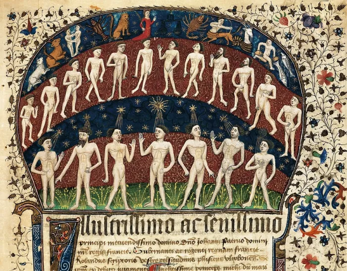 Framed Print : Zodiac Signs and group of men. Illustration on Folio 1 of medical treatise 'Fisiognomonia', 14th c