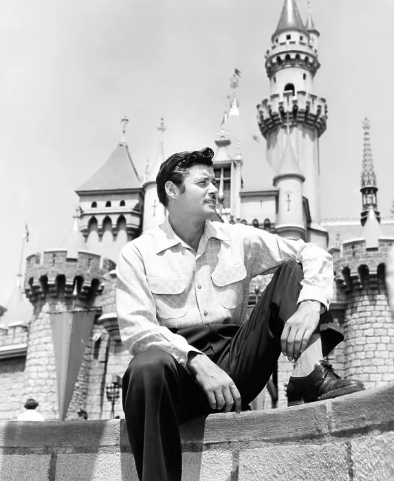 Framed Print : ZORRO, Guy Williams in front of the Magic Castle at Disneyland, Anaheim, CA, (1957), 1957-1959