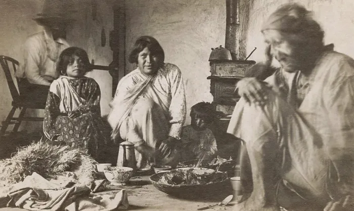 Framed Print : Zuni Indians eat breakfast at Ojo Pescado Pueblo, about 15 miles east of Zuni Pueblo, 1912, in this photo by Hugh Mears Neighbour