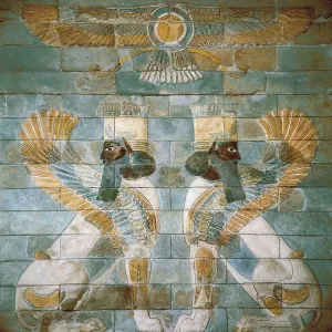 Two Androcephalic Sphynxes or Lions under the Great God Ahura Mazda. 5th c. BC. Glazing brick. Persian art. Achaemenid period. IRAN. Tehran. Iran's National Museum