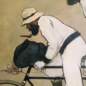 CASAS i CARBO, Ramn (1866-1932). Ramon Casas and Pere Romeu on a Tandem. 1897. Left detail of Ramon Casas. Modernism. Oil on canvas. SPAIN. Barcelona