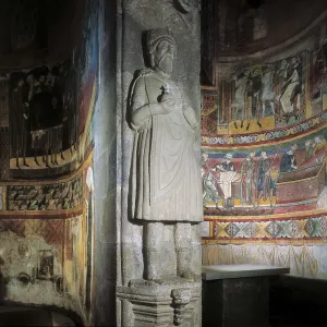 Convent of St John at Mstair. 8th-9th c. SWITZERLAND. GRAUBUNDEN. Mustair. Convent of St. John. Interior of the church. Apse frescoes and figue of Charles the Great (12th c.)