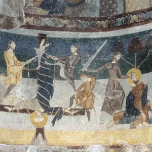Decapitation of Saint John the Baptist. 12th c. SWITZERLAND. Mustair. Convent of St. John. Decoration of the apses. Romanesque art. Fresco