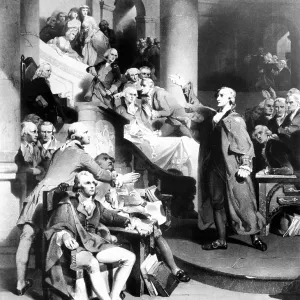 Patrick Henry during his famous speech, "..Give me liberty, or give me death!", Virginia House of Burgesses.. Courtesy: CSU Archives / Everett Collection