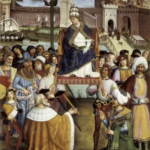 PINTURICCHIO, Bernardino di Betto, called Il (1454-1513). Piccolomini Library. Eneas Silvio as a commissioner of James II of Scotland. 1502-1508. ITALY. Siena. Cathedral