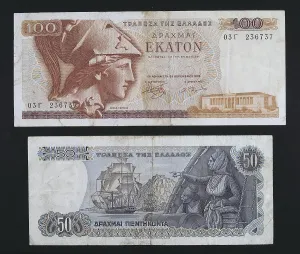 April Prints: 100 and 50 drachmas bills, Greece. Coin. AISA/Everett Collection**US SALES ONLY**