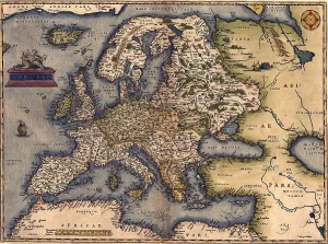 Sweden Prints: 1570 map of Europe. From Abraham Ortelius atlas, 'Theatrvm orbis terrarvm.'