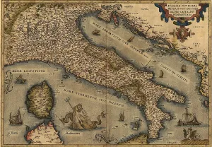 Mediterranean Sea Prints: 1570 map of Italy from Abraham Ortelius atlas, Theatrvm orbis terrarvm