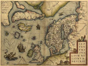 Scandinavia Prints: 1570 map of Northwest Europe and The North Atlantic Ocean