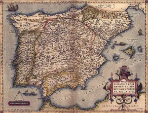 Balearic Islands Prints: 1570 map of Spain. From Abraham Ortelius atlas, 'Theatrvm orbis terrarvm.'