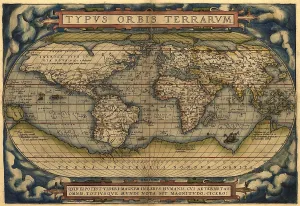 Australia Prints: 1570 map of the World. Australia is depicted as a large south polar continent