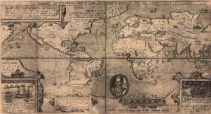 World Prints: 1581 map by Nicola van Sype, showing the Drake circumnavigation (1577-80) as a dotted line