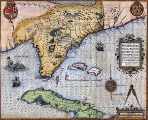 1590s Prints: 1591, exploration era map of Florida and Cuba by Frenchmen Jacque Le Moyne