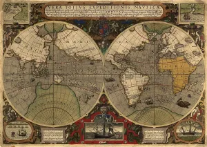 World Prints: 1595 world map shows routes around the world of Sir Francis Drake between (1577-80)