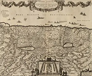 Moses Prints: 1659 map of Palestine with a symbolic illustration of the twelve Tribes of Israel surrounding a temple complex