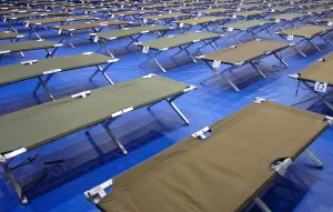 Beds Prints: More than 168 cots sit at Kunsan Air Base during civilian evacuation exercise to test the military's ability to