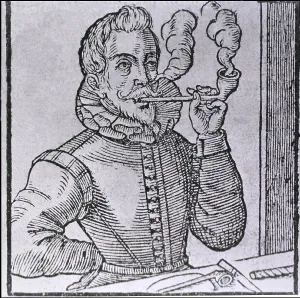 Woodcut Prints: 16th century Dutchman smoking a long-stemmed pipe