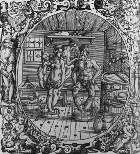 1560s Prints: 16th century scene of therapeutic bathing and cupping
