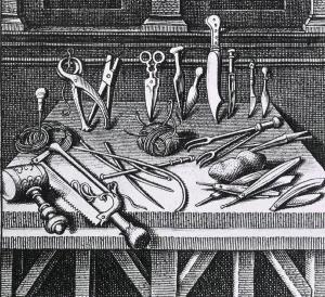 Tools Prints: 16th century surgical equipment and instruments arranged on a table