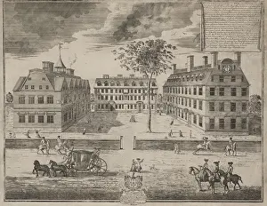 Street Prints: 1743 engraving of Harvard College, was founded in 1636 to train ministers