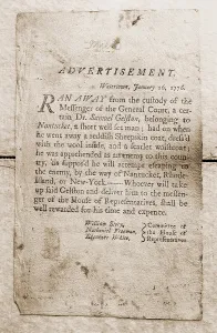 Advertisement Prints: 1776 advertisement for the return of a runaway slave