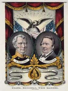 Whigs Prints: 1848 campaign banner for Whig Party promoting Zachary Taylor and his vice presidential running mate Millard Fillmore