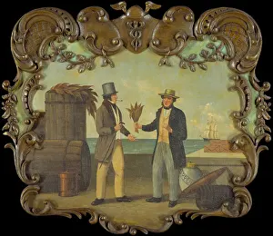 Coast Prints: A 1850 tobacco sign depicts men involved in a tobacco transaction on a pier