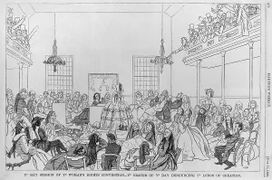 Suffrage Prints: 1859 print satirizing the 9th Women Rights Convention in New York City with the Ye May session of ye woman's rights