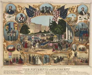 Suffrage Prints: 1870 print illustrating the rights granted by the 15th amendment