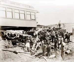 Deaths Prints: 1887 Great Chatsworth train wreck of the Niagara Excursion Train showing the sleeper car Tunis at the culvert 5 that