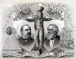 Cleveland Prints: 1888 Democratic Presidential campaign poster showing Uncle Sam holds portraits of Grover Cleveland and A