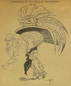 Representation Prints: 1891 American political cartoon captioned, I wonder if it's really becoming