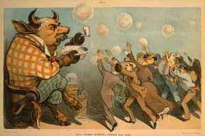 Stock Market Prints: 1901 caricature of John Pierpont Morgan as a bull blowing bubbles inflated values