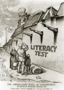 Nativists Prints: 1916 political cartoon entitled THE AMERICANESE WALL - AS CONGRESSMAN BURNETT WOULD BUILD IT