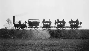 Train Tracks Prints: 1929 re-enactment photo of the DEWITT CLINTON steam engine making its first trip with passengers from Albany to