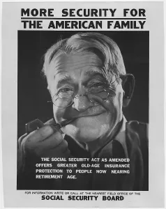 Socialism Prints: 1930s poster publicizing the benefits available to elderly Americans under the new Social Security programs