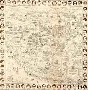 Movie Stars Prints: 1937 pictorial map Hollywood Starland