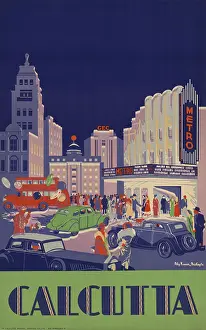 Automobiles Prints: 1938 travel poster shows people gathered by the newly opened Metro Cinema in Calcutta